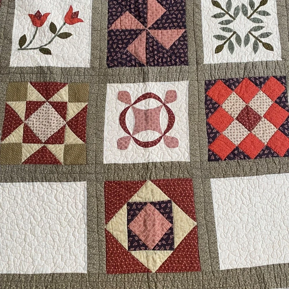 Nostalgia Home Fashions Handmade Sampler Patchwork Quilt Burgundy Floral Queen